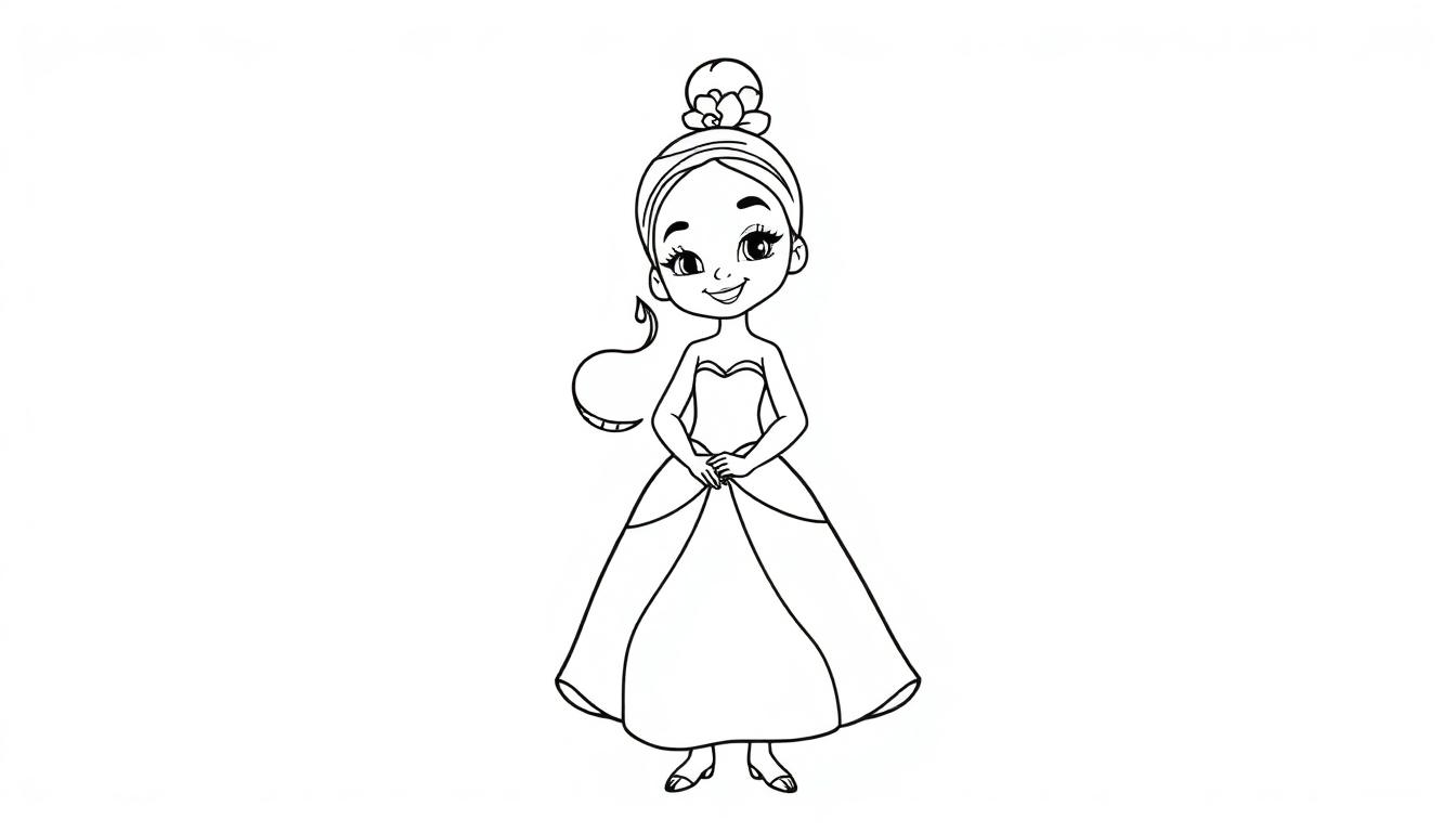 Eine Farbtafel-Skizze von Prinzessin Tiana in ihrem Ballkleid.