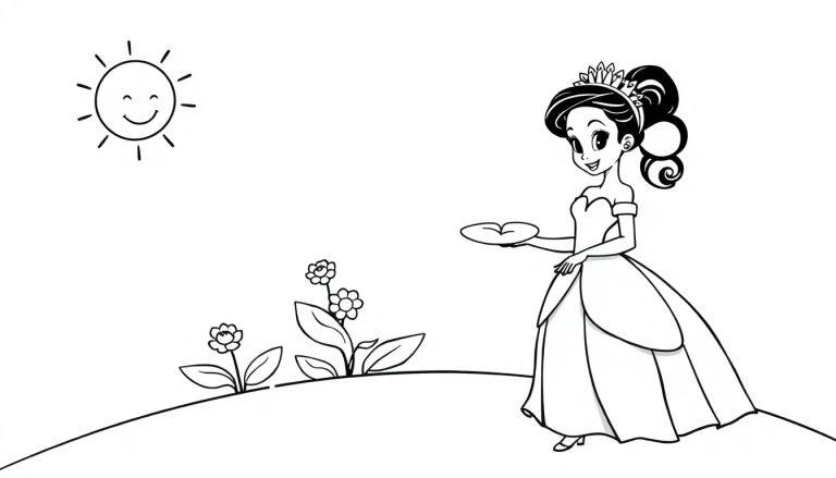 Schwarz-weiße Farbtafel einer lächelnden Prinzessin mit Krone und einem Teller in Form einer Lilienblüte in einem einfachen Garten unter einer sonnigen Sonne.