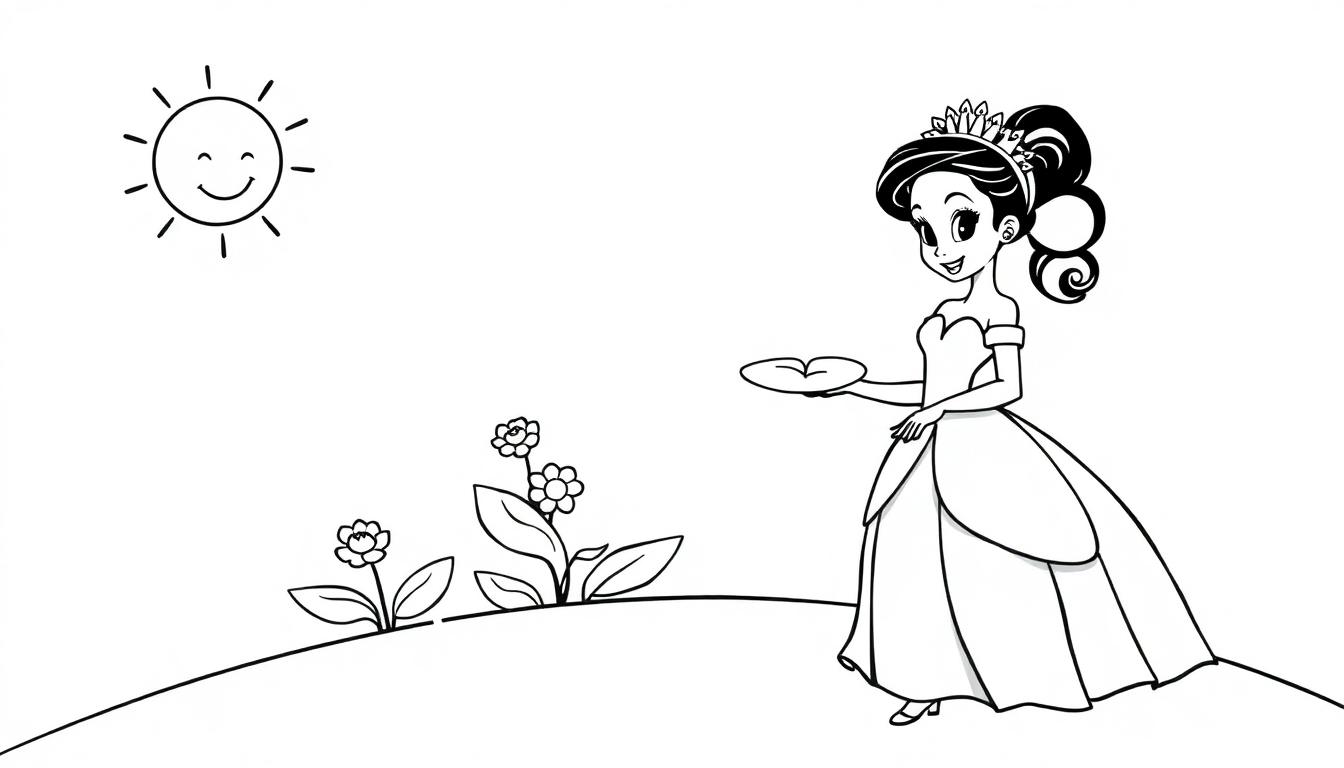 Schwarz-weiße Farbtafel einer lächelnden Prinzessin mit Krone und einem Teller in Form einer Lilienblüte in einem einfachen Garten unter einer sonnigen Sonne.