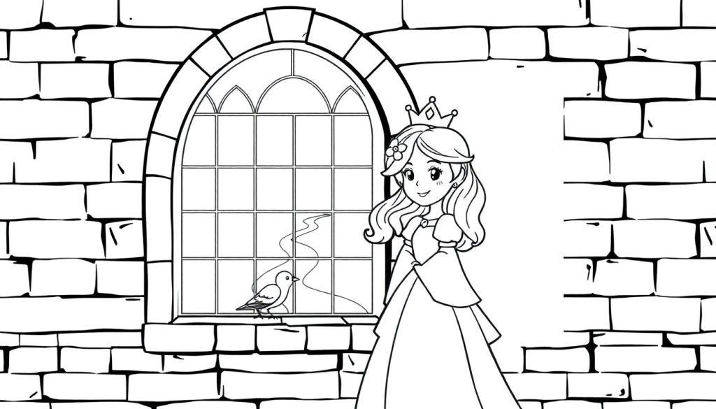 Schwarz-weiß Malvorlage einer Prinzessin am Schlossfenster mit einem Vogel, die Farbtafel ist bereit zum Ausmalen.
