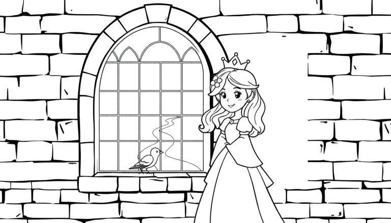 Schwarz-weiß Malvorlage einer Prinzessin am Schlossfenster mit einem Vogel, die Farbtafel ist bereit zum Ausmalen.