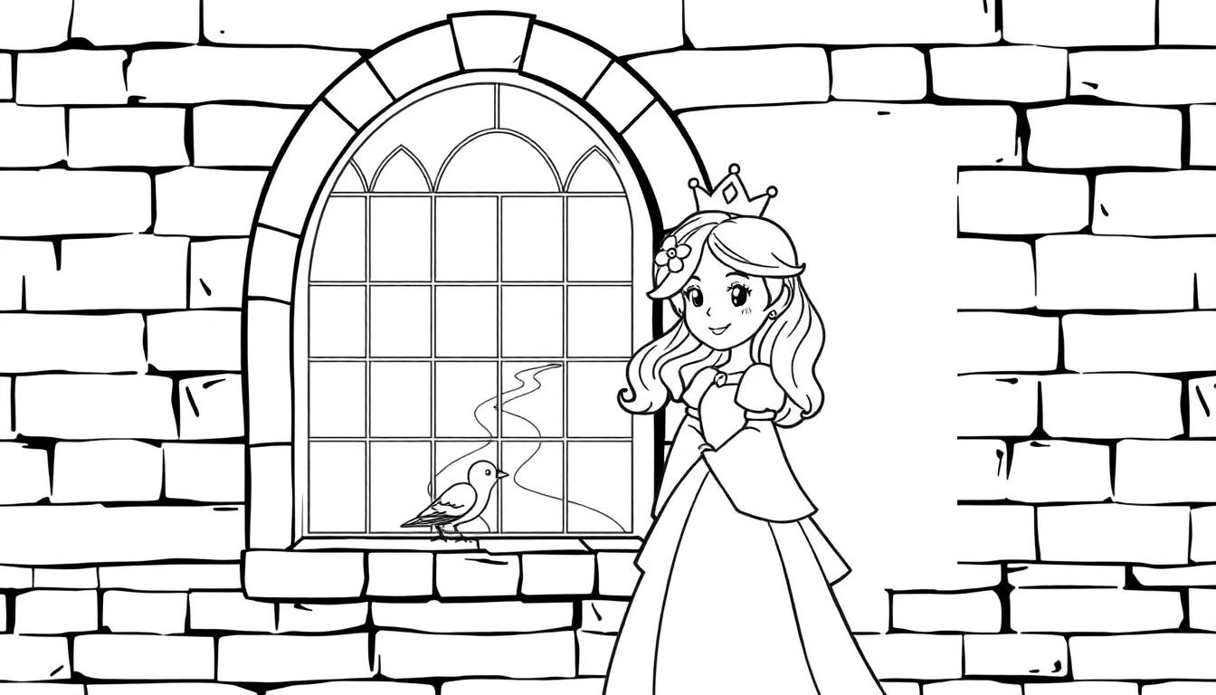 Schwarz-weiß Malvorlage einer Prinzessin am Schlossfenster mit einem Vogel, die Farbtafel ist bereit zum Ausmalen.