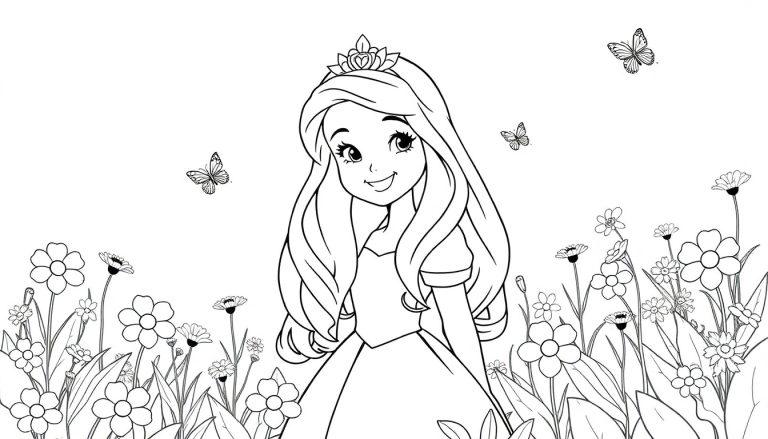 Eine süße Disney-Prinzessin mit langen Haaren lächelt freundlich, bereit zum Ausmalen. Schwarz-Weiß-Strichzeichnung einer Farbtafel.