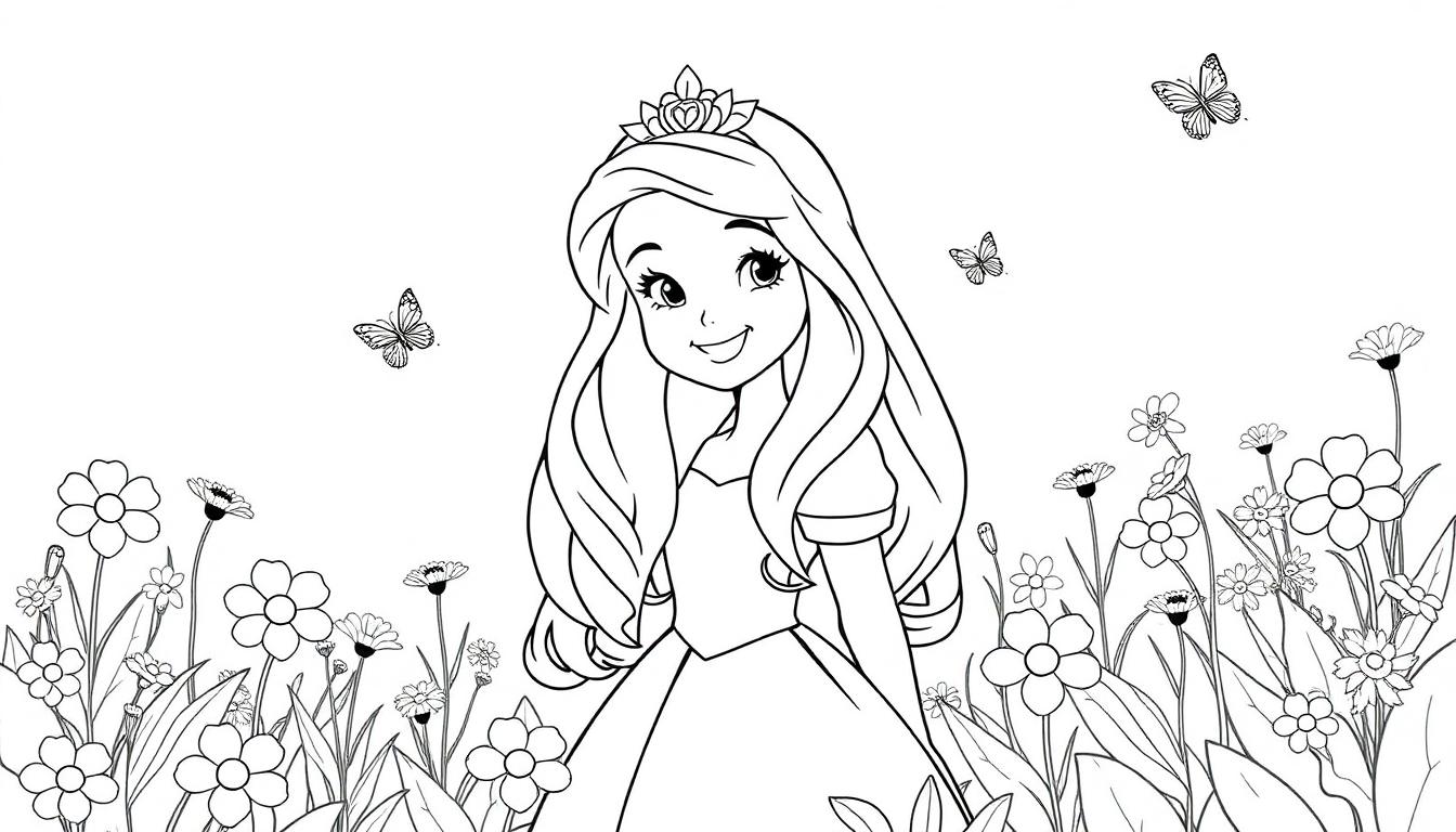 Eine süße Disney-Prinzessin mit langen Haaren lächelt freundlich, bereit zum Ausmalen. Schwarz-Weiß-Strichzeichnung einer Farbtafel.