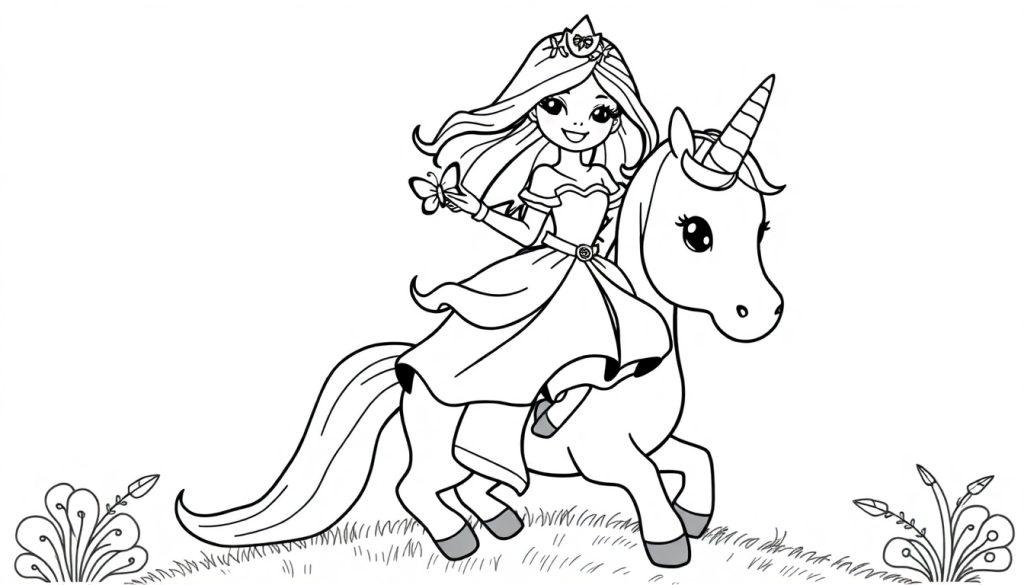 Schwarz-weiße Farbtafel einer Prinzessin auf einem Einhorn mit einem Schmetterling.