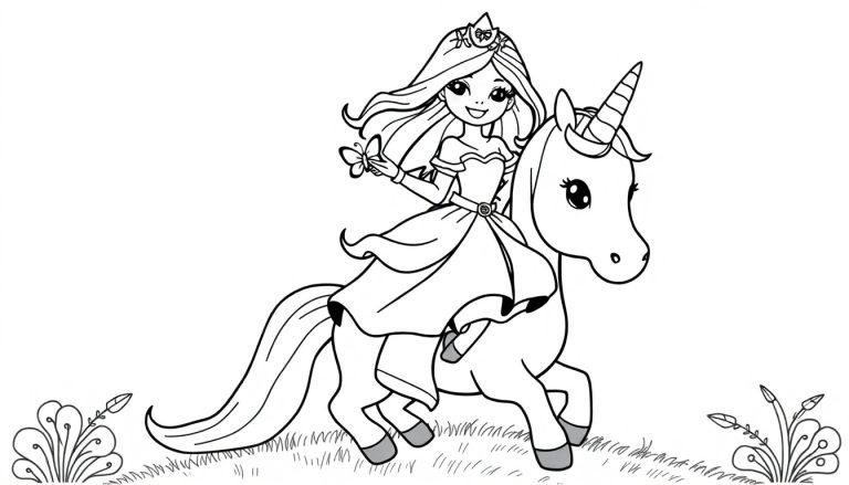 Schwarz-weiße Farbtafel einer Prinzessin auf einem Einhorn mit einem Schmetterling.