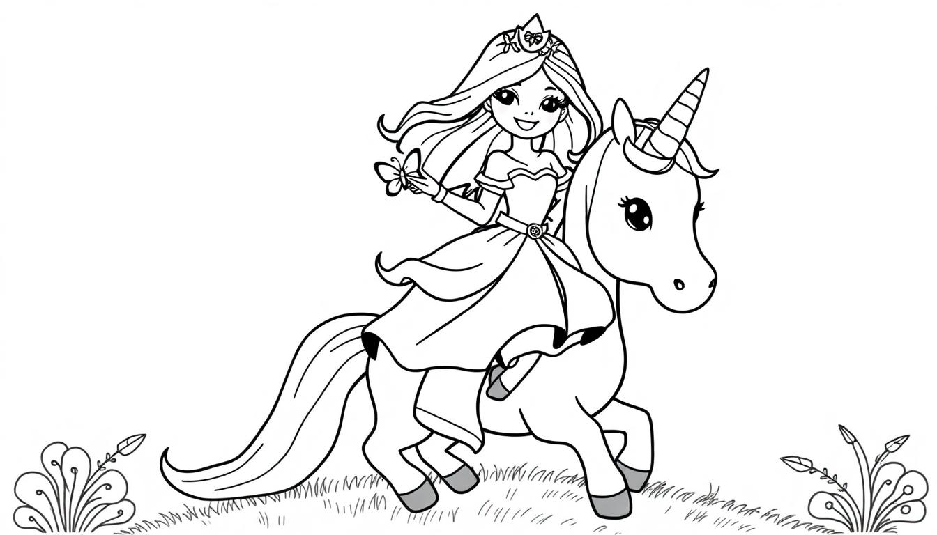 Schwarz-weiße Farbtafel einer Prinzessin auf einem Einhorn mit einem Schmetterling.