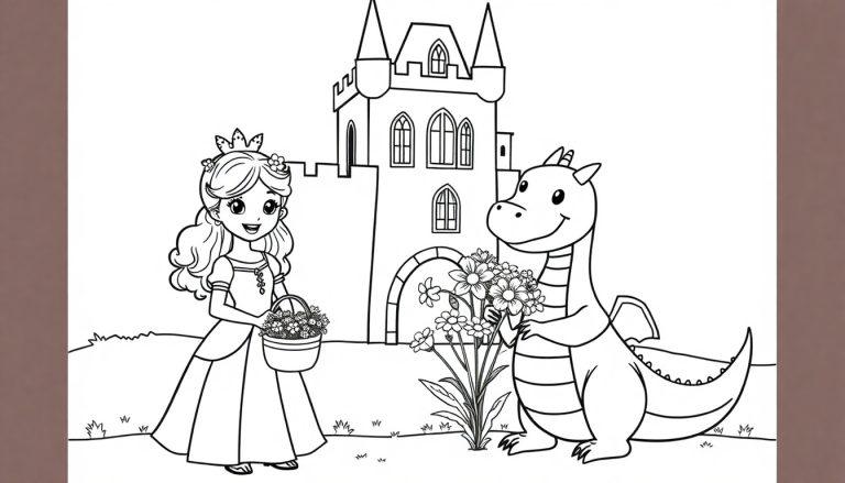 Schwarz-Weiß-Farbtafel eines mittelalterlichen Schlosses mit einer Prinzessin, die Blumen hält, und einem kleinen Drachen, der ebenfalls Blumen hält, vor einem hügeligen Hintergrund.