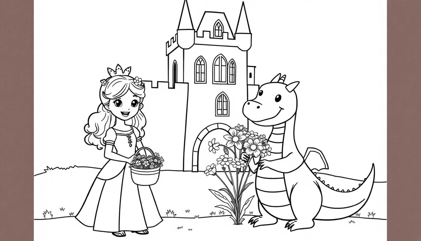 Schwarz-Weiß-Farbtafel eines mittelalterlichen Schlosses mit einer Prinzessin, die Blumen hält, und einem kleinen Drachen, der ebenfalls Blumen hält, vor einem hügeligen Hintergrund.