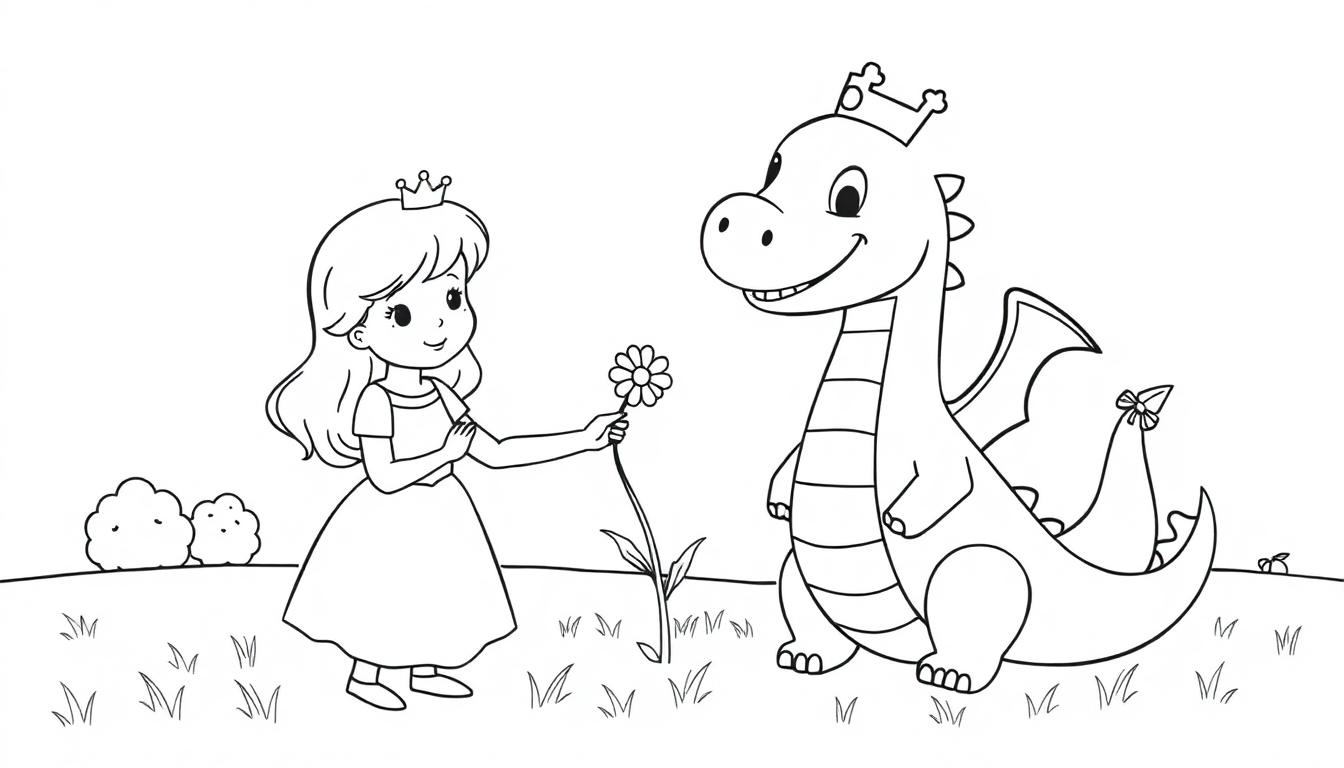 Eine kleine Prinzessin und ein freundlicher Drache als Ausmalbild-Farbtafel.