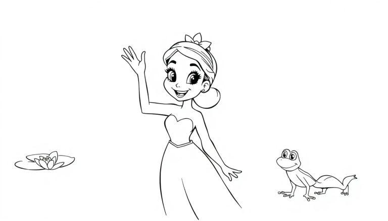 Eine Schwarz-Weiß-Farbtafel einer lächelnden Prinzessin, die einem Frosch zuwinkt, mit einer Seerose im Hintergrund.