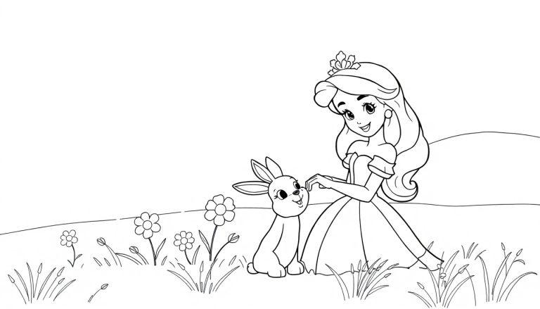 Schwarz-weiße Ausmalbild-Farbtafel: Eine Prinzessin mit einem Diadem sitzt im Gras und streichelt ein Kaninchen, umgeben von Blumen und Gräsern, mit einem Hügel im Hintergrund.
