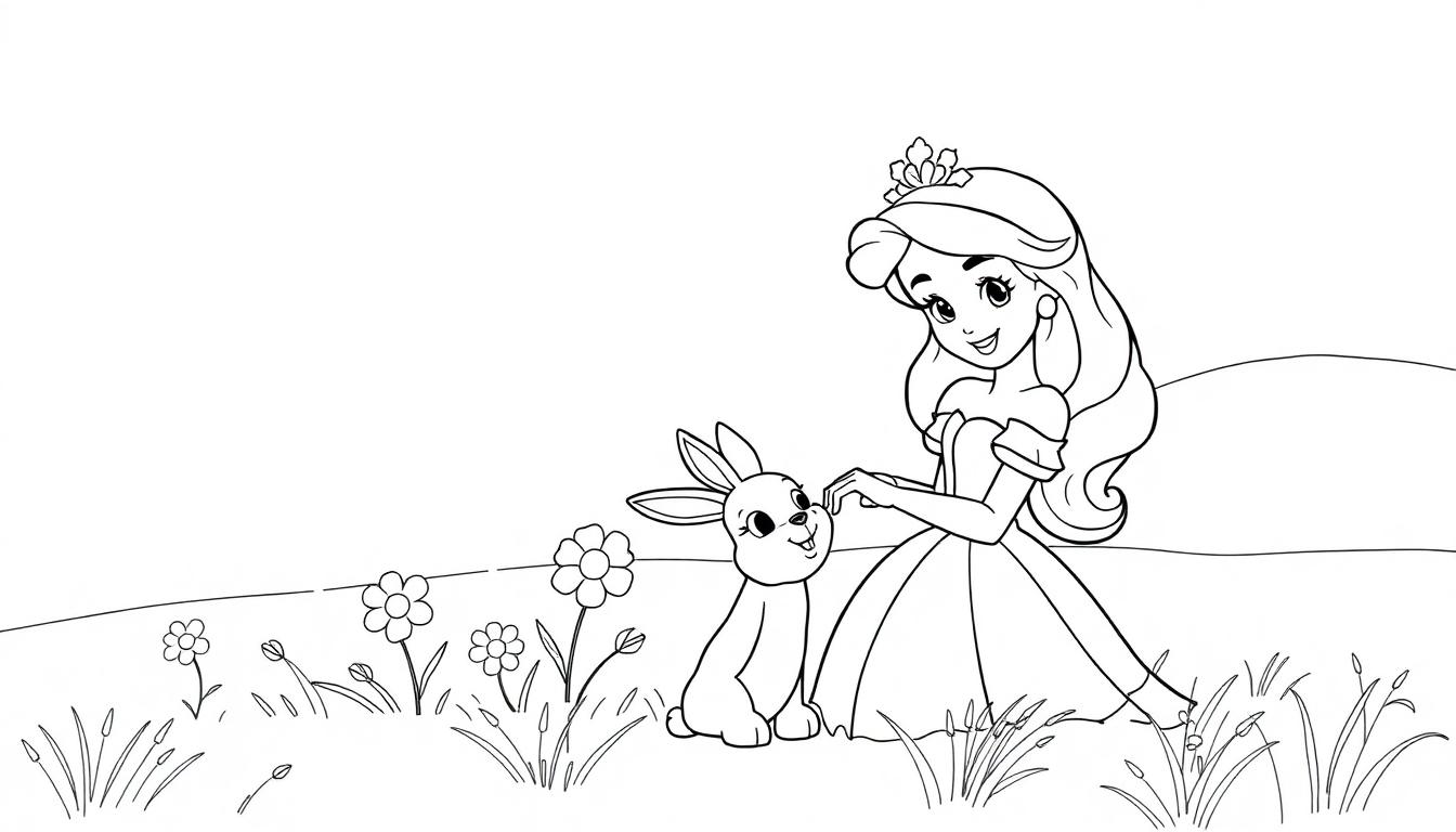 Schwarz-weiße Ausmalbild-Farbtafel: Eine Prinzessin mit einem Diadem sitzt im Gras und streichelt ein Kaninchen, umgeben von Blumen und Gräsern, mit einem Hügel im Hintergrund.