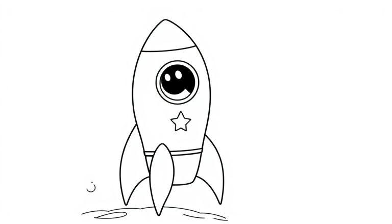 Schwarz-weiße Farbtafel einer niedlichen Cartoon-Rakete mit großen Augen und einem Stern, bereit für eine Weltraumreise.