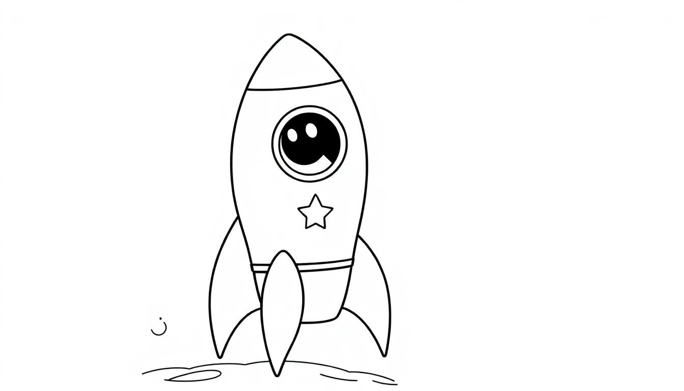 Schwarz-weiße Farbtafel einer niedlichen Cartoon-Rakete mit großen Augen und einem Stern, bereit für eine Weltraumreise.