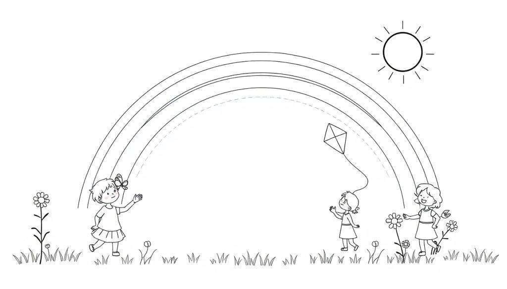 Schwarz-Weiß-Ausmalbild: Kinder genießen einen sonnigen Tag nach dem Regen unter einem Regenbogen, mit einer Farbtafel.