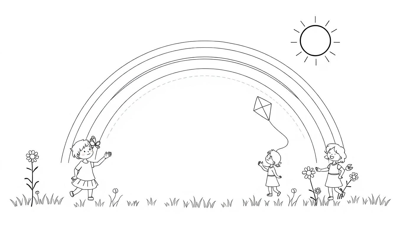 Schwarz-Weiß-Ausmalbild: Kinder genießen einen sonnigen Tag nach dem Regen unter einem Regenbogen, mit einer Farbtafel.
