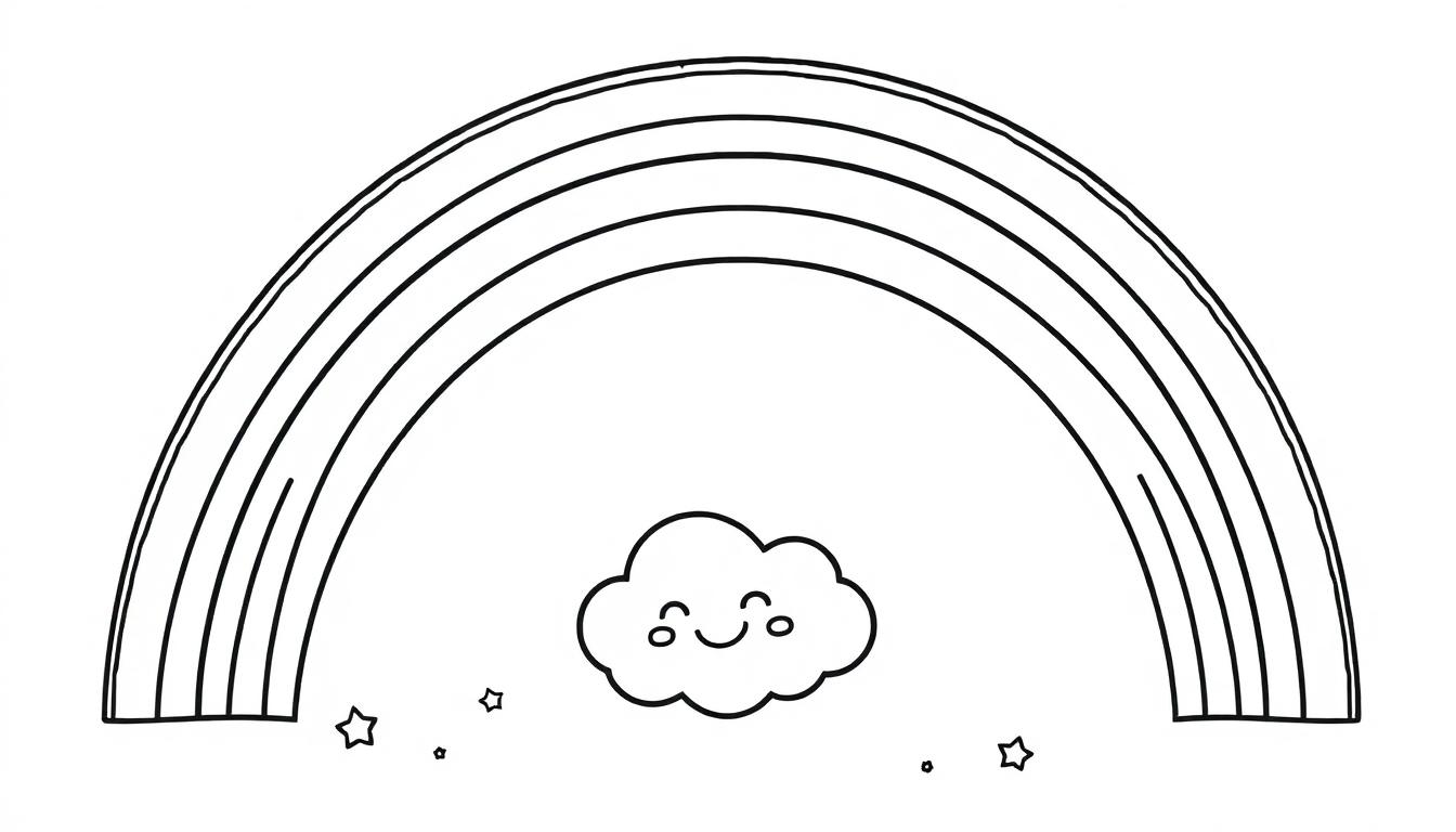 Schwarz-weiße Farbtafel: Ein lächelnder Smiley sitzt auf einer Wolke unter einem Regenbogen mit sechs Bögen, umgeben von Sternen.