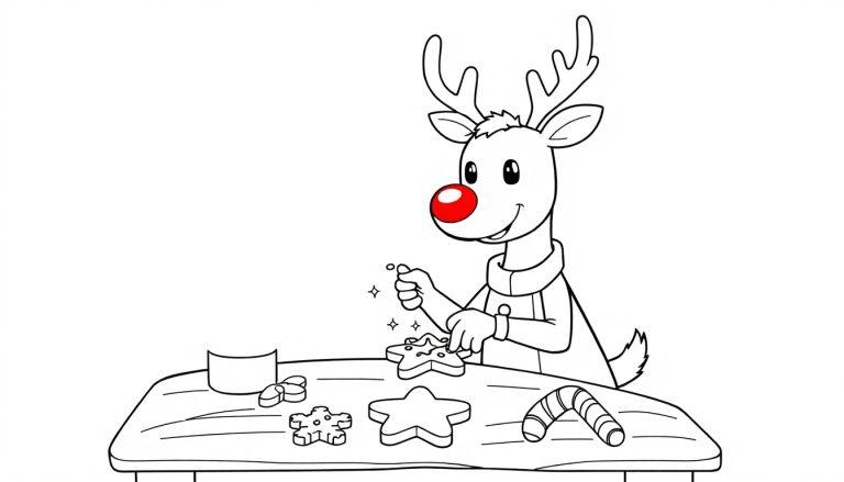 Ein niedliches Rentier mit roter Nase und einem Pullover verziert Weihnachtsplätzchen, eine Ausmalvorlage als Farbtafel.