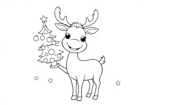 Schwarz-Weiß-Farbtafel eines niedlichen Cartoon-Rendertiers, das einen geschmückten Weihnachtsbaum hält und von Sternen umgeben ist.