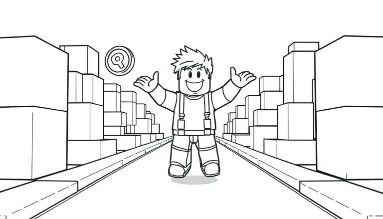 Schwarz-Weiß-Ausmalbild einer Farbtafel eines lächelnden Roblox-Avatars mit stacheligen Haaren, der in einer cartoonartigen Stadt mit offenen Armen steht, eine schwebende Münze mit einem 'R' darüber.