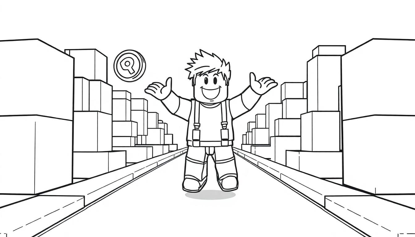Schwarz-Weiß-Ausmalbild einer Farbtafel eines lächelnden Roblox-Avatars mit stacheligen Haaren, der in einer cartoonartigen Stadt mit offenen Armen steht, eine schwebende Münze mit einem 'R' darüber.