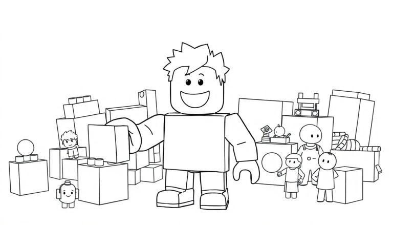 Schwarz-weiße Roblox-Farbtafel mit einem lachenden Charakter und bunten Blöcken.
