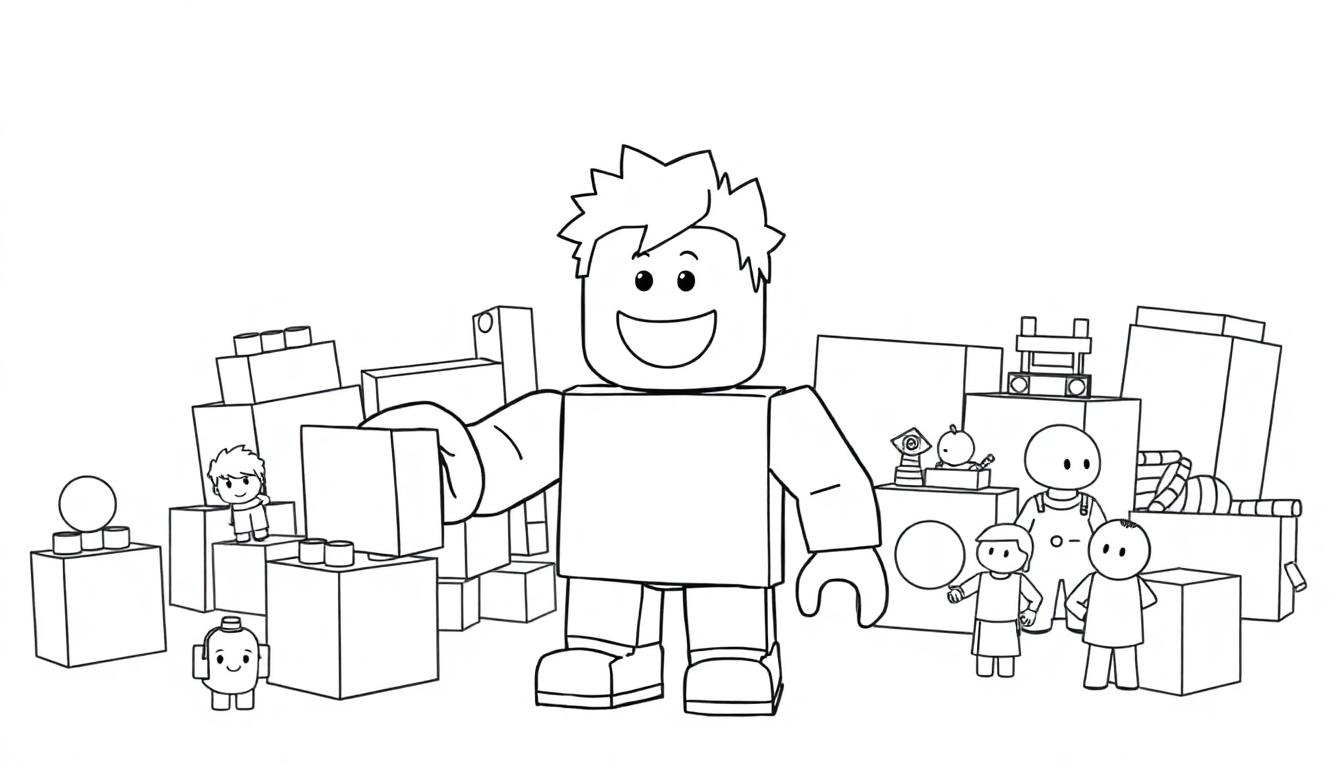 Schwarz-weiße Roblox-Farbtafel mit einem lachenden Charakter und bunten Blöcken.