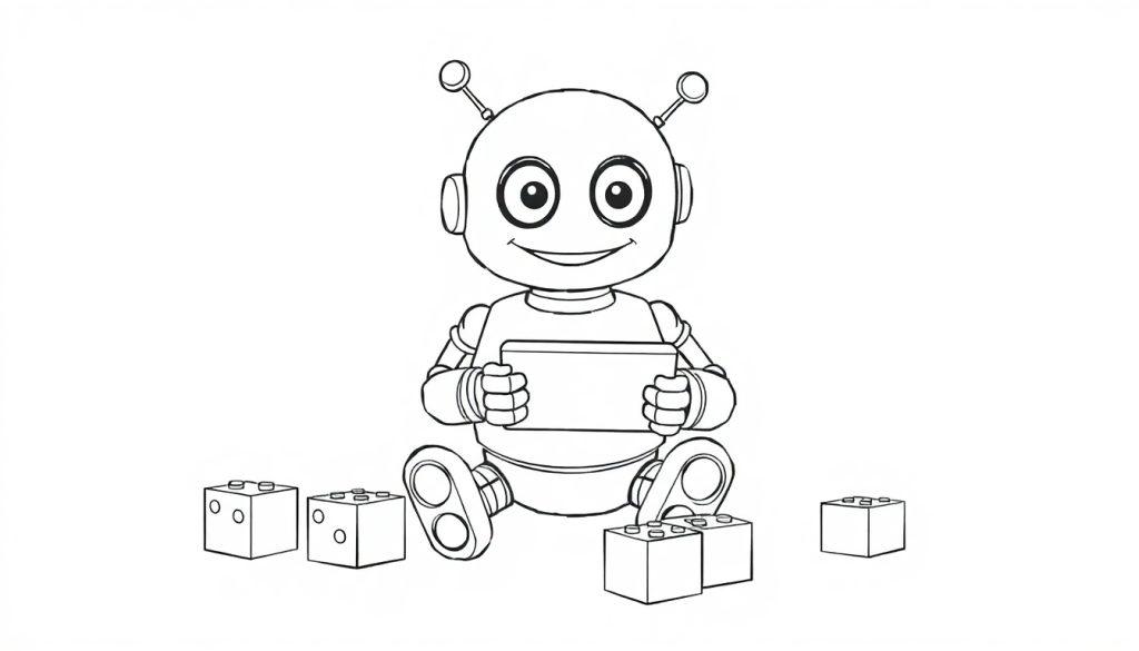 Eine niedliche Buntstift-Farbtafel eines Cartoon-Roboters, der mit seinem Tablet und Bauklötzen spielt.