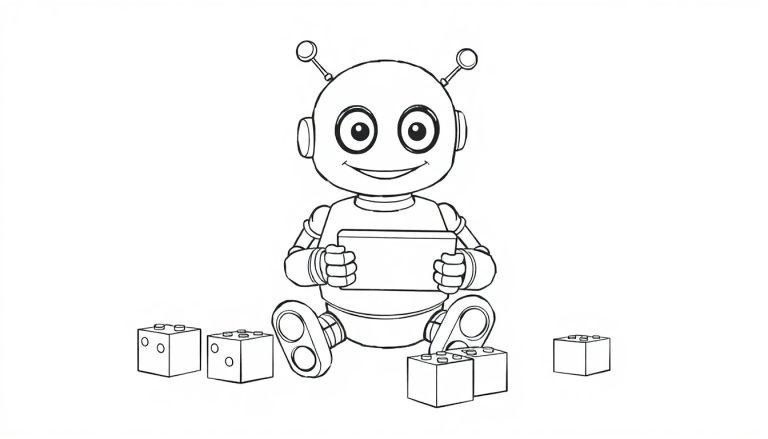 Eine niedliche Buntstift-Farbtafel eines Cartoon-Roboters, der mit seinem Tablet und Bauklötzen spielt.