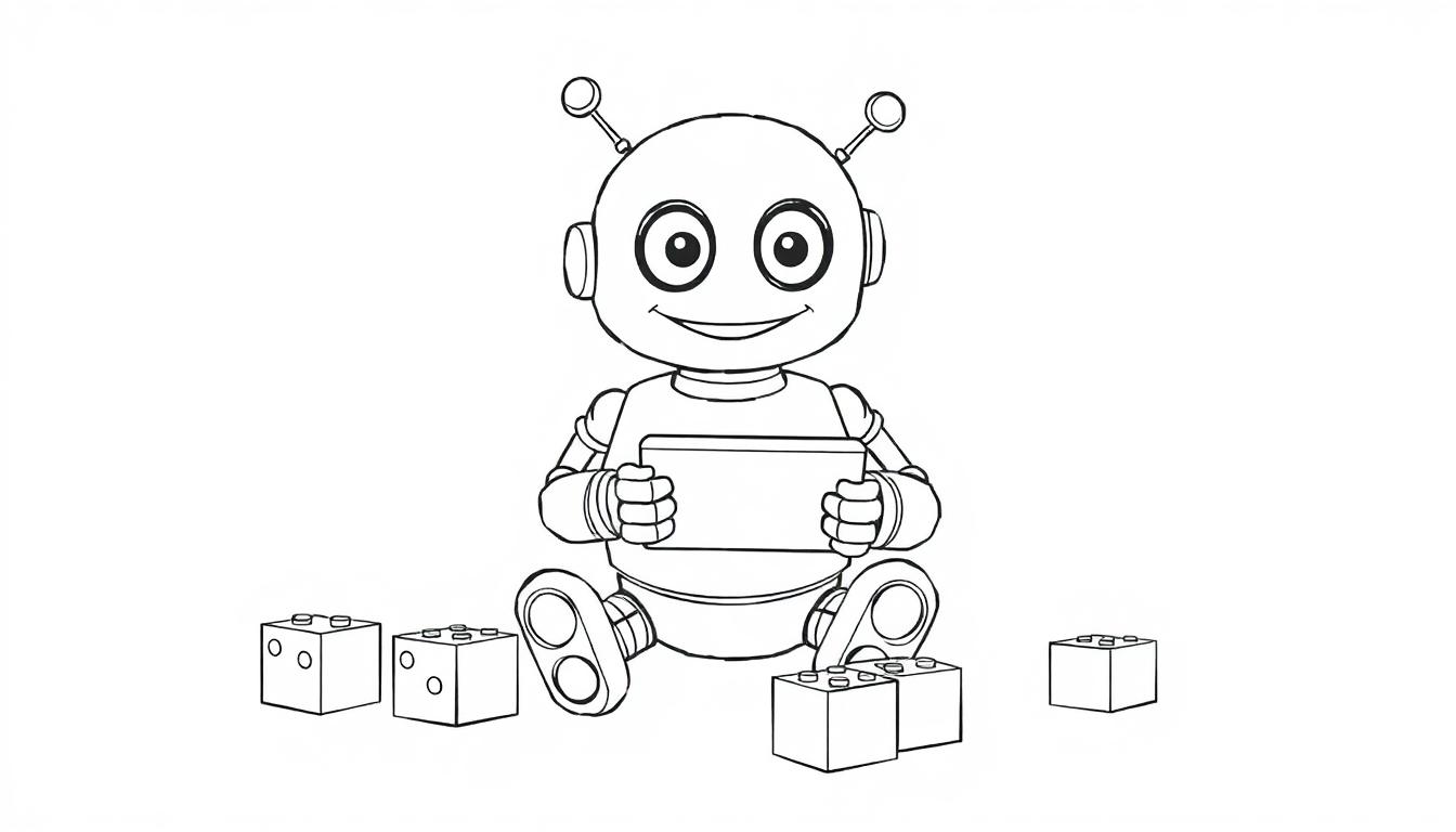Eine niedliche Buntstift-Farbtafel eines Cartoon-Roboters, der mit seinem Tablet und Bauklötzen spielt.