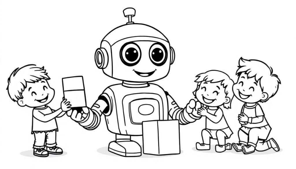 Schwarz-Weiß-Farbtafel: Ein freundlicher Roboter überreicht Kindern eine Schachtel, während die Kinder klatschen.