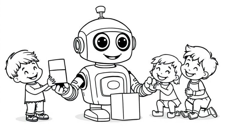 Schwarz-Weiß-Farbtafel: Ein freundlicher Roboter überreicht Kindern eine Schachtel, während die Kinder klatschen.