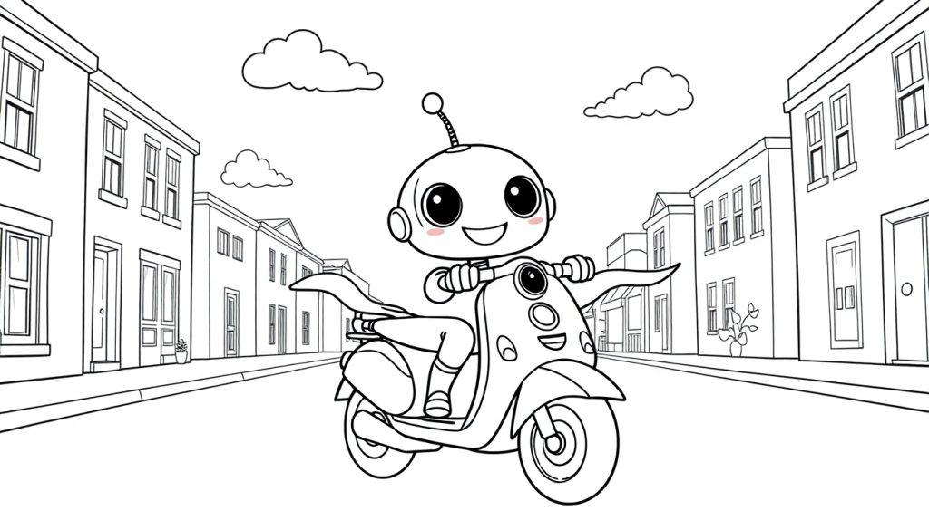 Eine Schwarz-Weiß-Farbtafel eines fröhlichen Roboters auf einem Roller.
