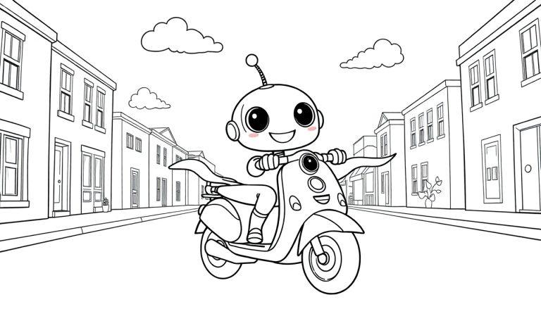 Eine Schwarz-Weiß-Farbtafel eines fröhlichen Roboters auf einem Roller.