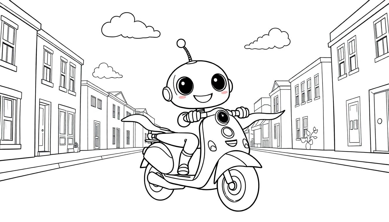 Eine Schwarz-Weiß-Farbtafel eines fröhlichen Roboters auf einem Roller.