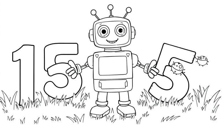 Ein freundlicher Roboter mit den Zahlen 1, 5 und 5, bereit zum Ausmalen als Farbtafel.