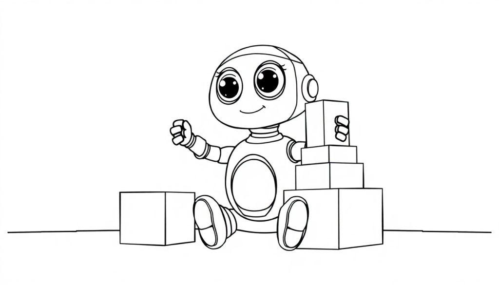 Ein niedlicher Roboter spielt mit Bauklötzen, schwarz-weiß zum Ausmalen, Farbtafel.