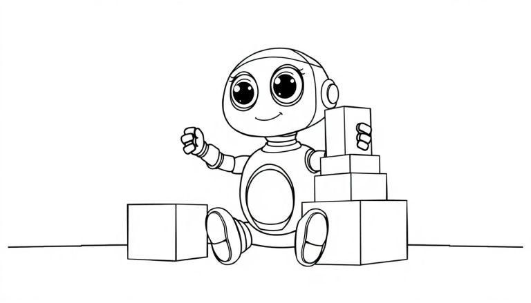 Ein niedlicher Roboter spielt mit Bauklötzen, schwarz-weiß zum Ausmalen, Farbtafel.