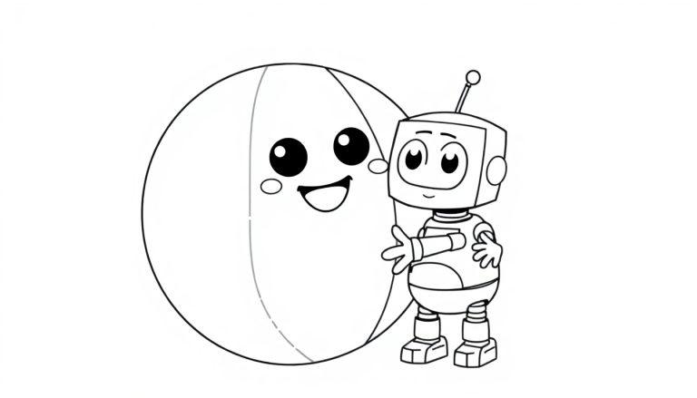 Eine Farbtafel eines niedlichen Cartoon-Roboters, der mit einem bunten Ball spielt.