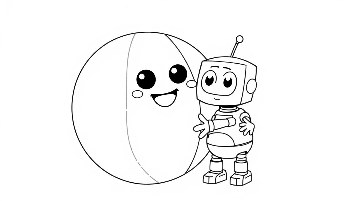 Eine Farbtafel eines niedlichen Cartoon-Roboters, der mit einem bunten Ball spielt.