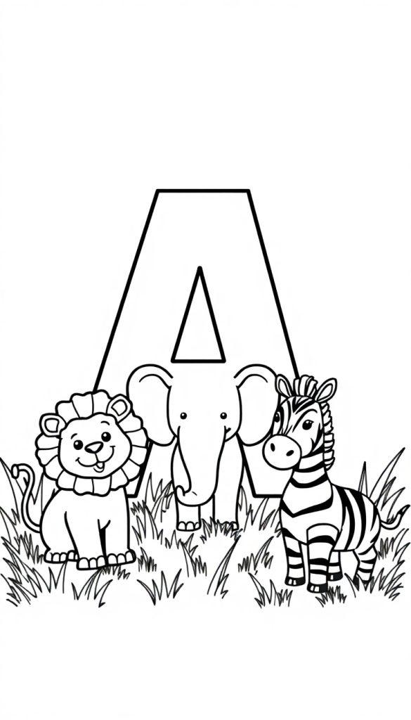 Eine Cartoon-Illustration mit dem Buchstaben A und drei Tieren: einem Löwen, einem Elefanten und einem Zebra.