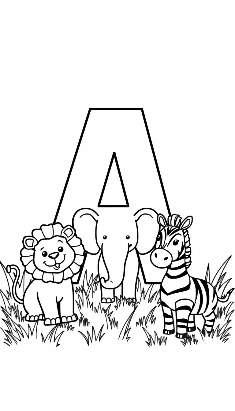 Eine Cartoon-Illustration mit dem Buchstaben A und drei Tieren: einem Löwen, einem Elefanten und einem Zebra.