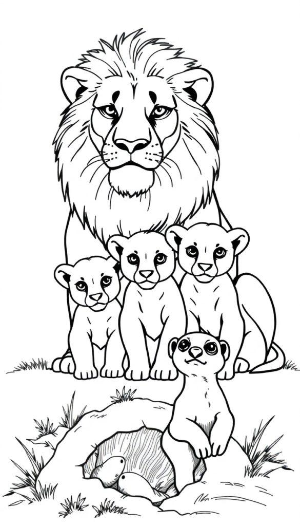 Ein Löwe mit seinen Jungen und ein Erdmännchen vor einem Hügel mit Eiern