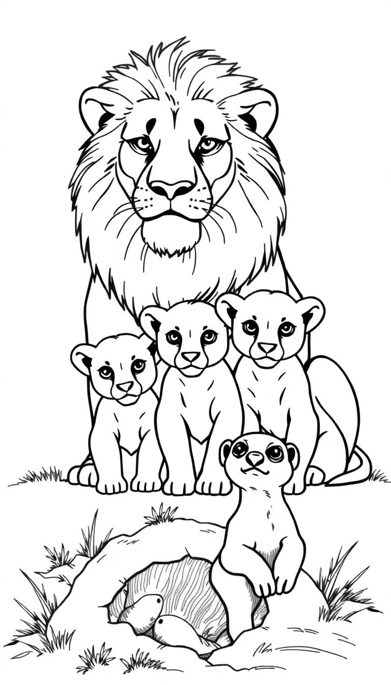 Ein Löwe mit seinen Jungen und ein Erdmännchen vor einem Hügel mit Eiern