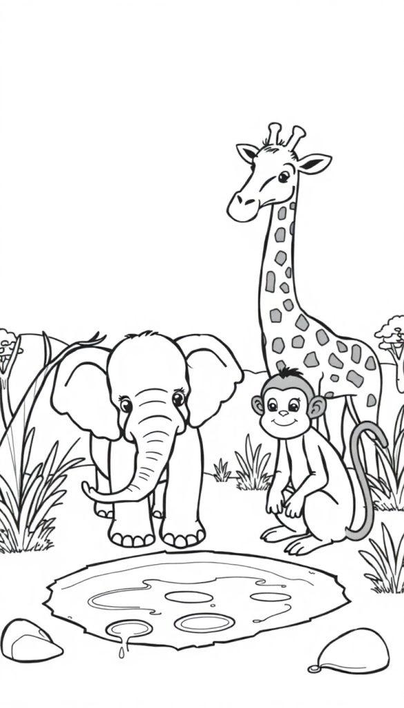 Ein Elefant, eine Giraffe und ein Affe stehen nebeneinander in einer Dschungelumgebung mit einem Teich.