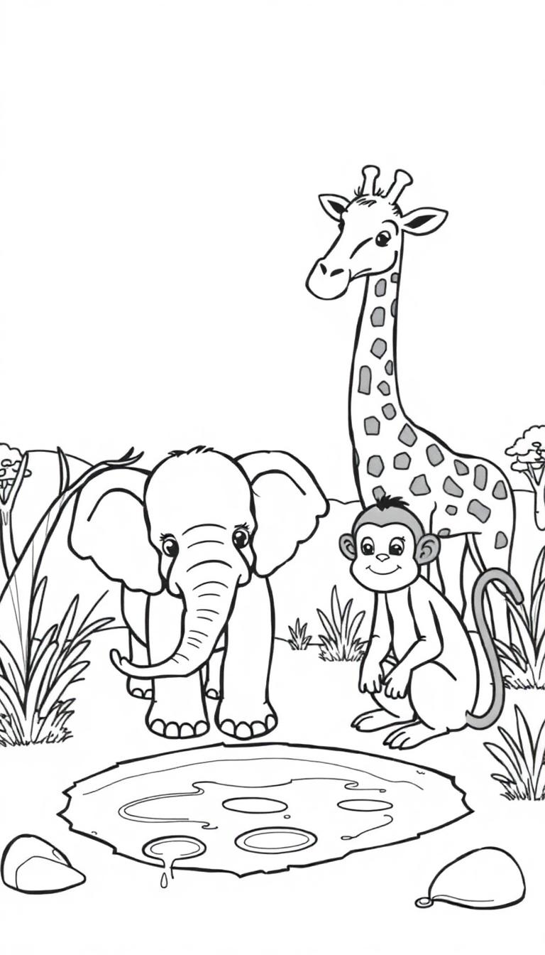 Ein Elefant, eine Giraffe und ein Affe stehen nebeneinander in einer Dschungelumgebung mit einem Teich.
