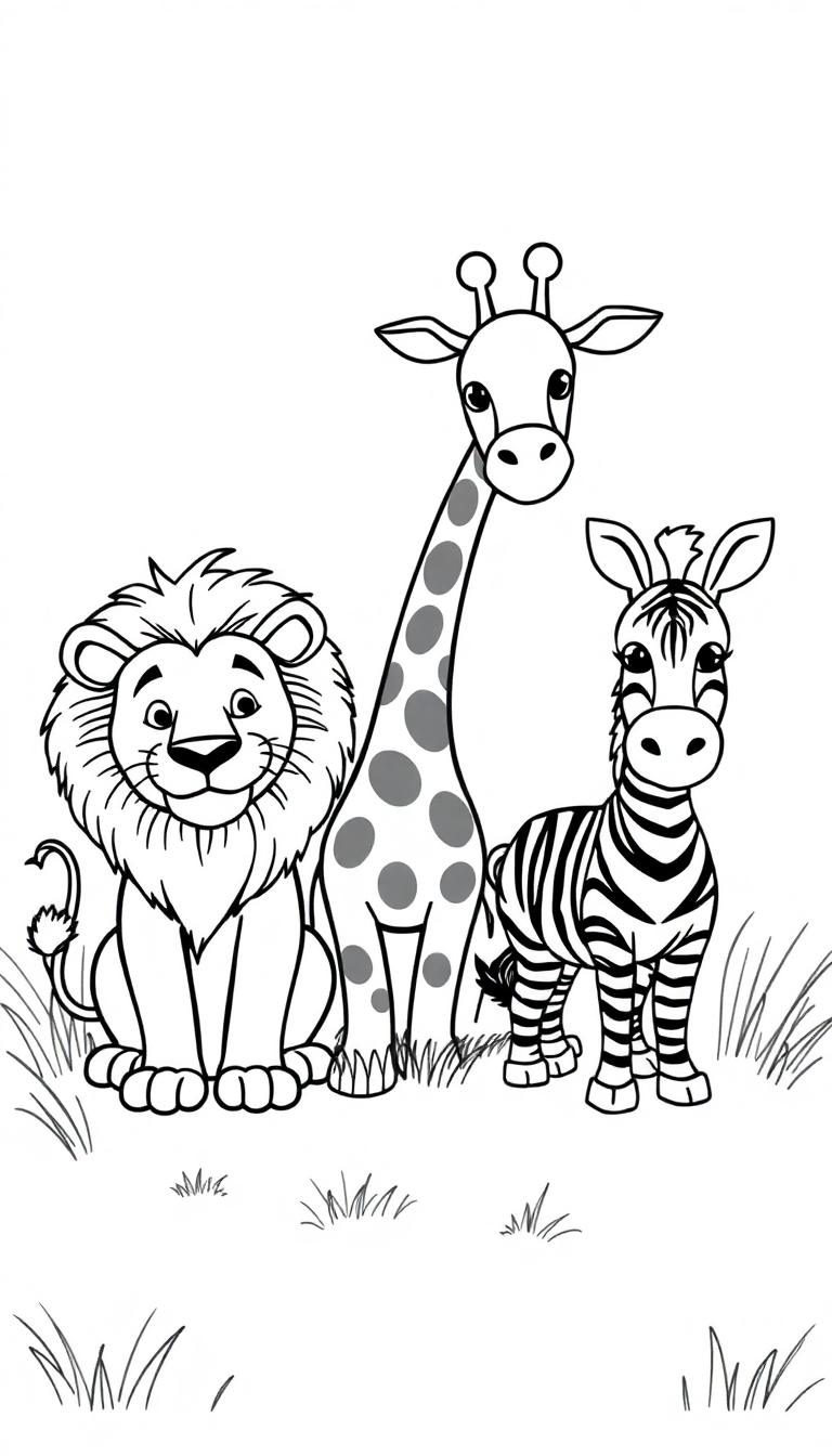 Schwarz-Weiß-Illustration von einem Löwen, einer Giraffe und einem Zebra, die nebeneinander stehen und lächeln.