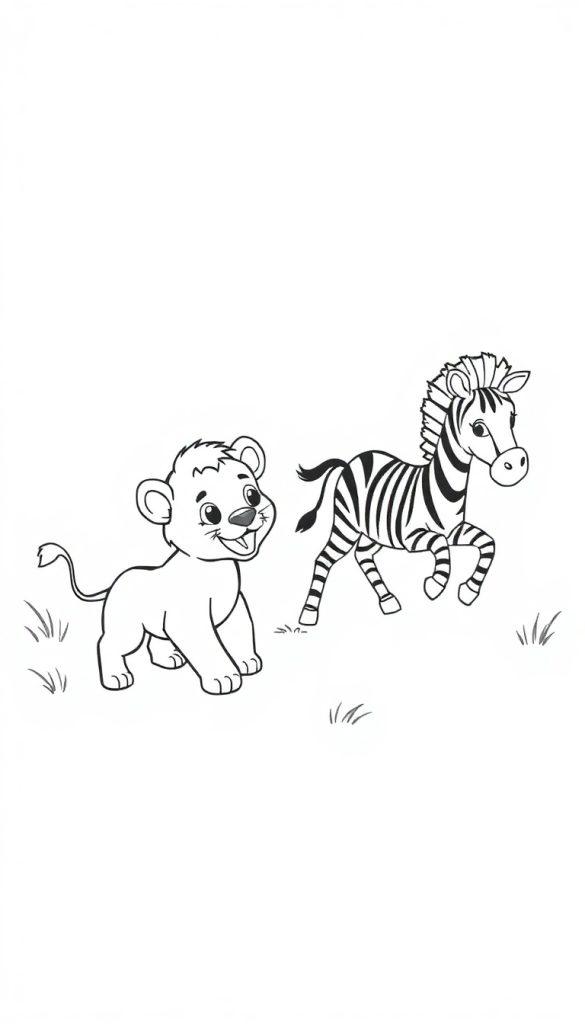 Ein Löwenwelpe und ein Zebra auf einer Savanne