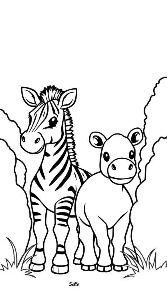 Ein stilisiertes Zebra und ein Nilpferd in einer Schwarz-Weiß-Zeichnung für Kinder.